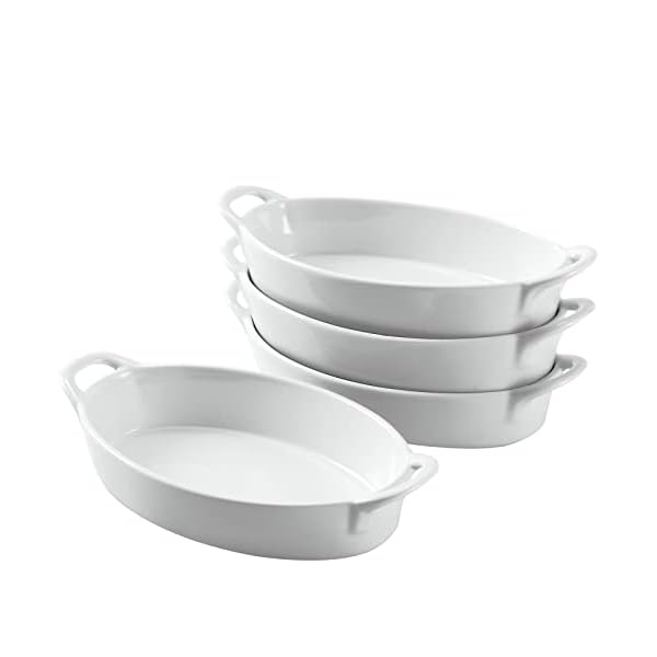 Bruntmor 8 x 5 inch Oval Porcelain Ceramic Deep Dish Au Gratin Pan Set of 4, Dual Handle Au Gratin Baking Dishes, Oven Safe Roasting Lasagna Pan For kitchen- White