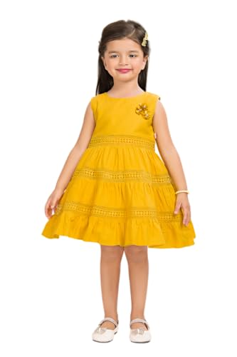 Image of Soft Cotton Lace Work Knee Length Fit & Flare Dress for Kids & Girls, Flower Embellished Frock for Casual & Special Occasion