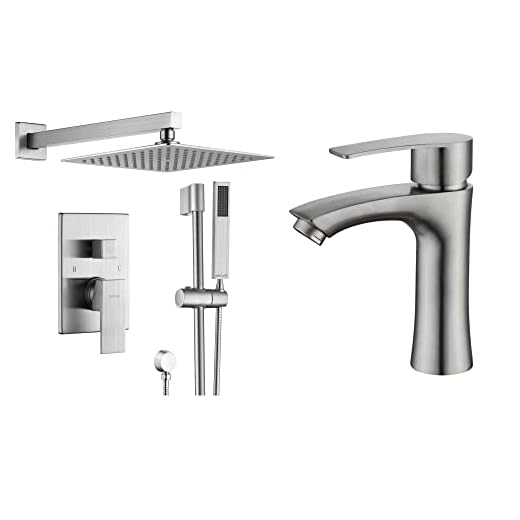 ESNBIA 10 Inches Slide Bar Shower Faucet with Valve and Stainless Steel Bathroom Sink Faucet,Brushed Nickel