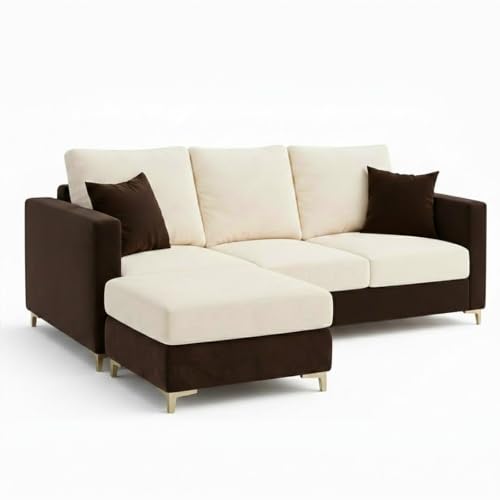 Image of Hayes Rich 4 Seater L Shape Sofa Set with Movable Ottomans | Flexible Layout | Velvet Suede Fabric | Golden Aesthetic Legs | Dual Tone Modern Sofa for Living Room (Dark Blue-Cream)