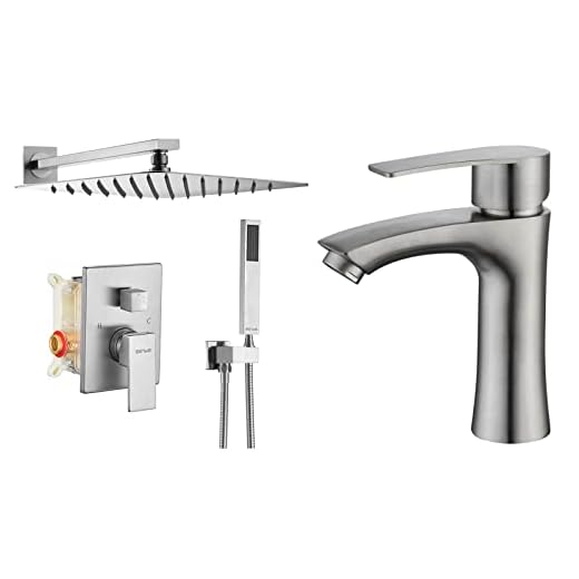 ESNBIA Shower System 10 Inches Rain Shower Head with Handheld Combo Set+Bathroom SInk Faucet Brushed Nickel