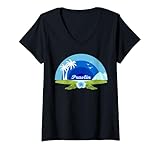 Damen Praslin Seychellen Palmen Banananenblätter Insel Souvenir T-Shirt mit V-Ausschnitt