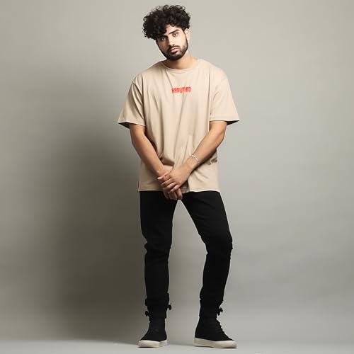 Image of prabhu bhakti Men's Oversized Mahabali Hanuman Printed T-Shirt |Back Print Drop Shoulder Pure Cotton Oversized Tshirt for Men