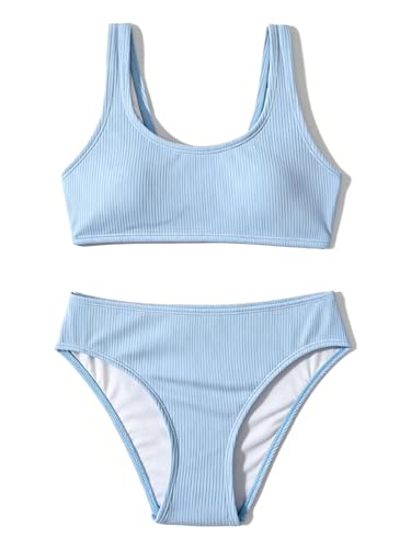 MIENOE Teen Girls' Swimsuits Two-Piece Swimsuit Sport Wrap Around Bikini Swimsuit Solid Color Bikini Sete Kids Sky Blue Fashion Swimsuit (Size 12-13Years)