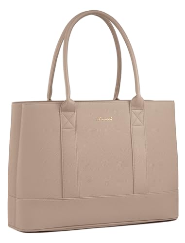 LOVEVOOK Laptop Bag for Women, 15.6 inch Computer Work Tote Bag, Waterproof Leather Shoulder Bag, Large Capacity Business Handbag, Office Briefcase for Gift, Travel, Teacher, Nude
