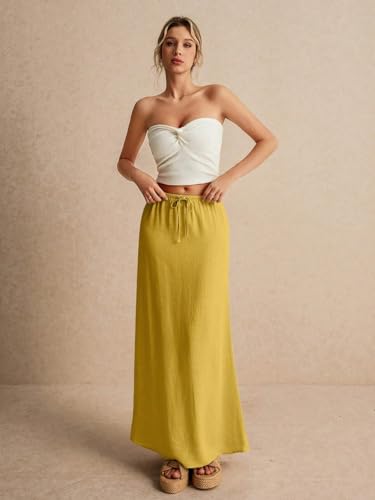 EARKOHA 2025 Women's Summer Maxi Skirt Drawstring Low Waist A Line Linen Long Flowy Skirts Yellow L3