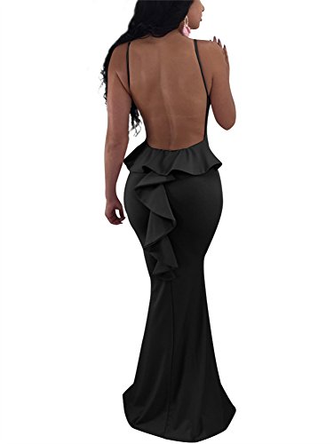 GOBLES Women Sexy Spaghetti Strap Backless Ruffle Bodycon Evening Mermaid Maxi Dress Black