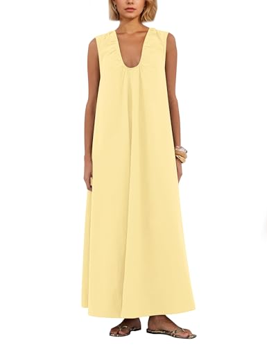 Image of Women Flowy Maxi Dress Ruched Sleeveless Long Dress Vacation Fashion Summer Casual Loose Fit Sundress with Pockets