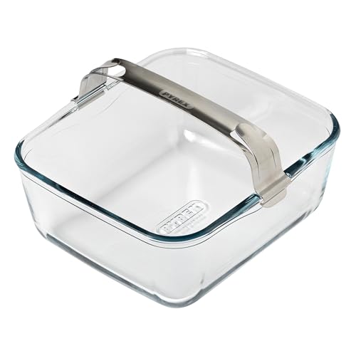 PYREX, ideal Air Fryer, Plat de Cuisson en Verre Ultra-Résistant 20x18 cm avec Poignée Amovible Clipsable en Inox pour Airfryer Simple Tiroir 2L