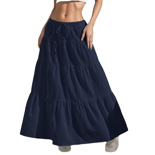 Casual Skirts for Women Ruffle Elastic Waist Elegant Tiered Layer Solid Color Long Skirt S~XL