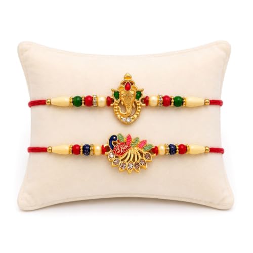 Image of Oblivion Rakhi with Chocolate for Brother - Ganesha & Peacock Desigin Rakhi 2 Pcs with Choco Beats Chocolate 32gms, Silver Color Coin, Greeting Card & Tilak Set - Traditional Festival Celebration Pack