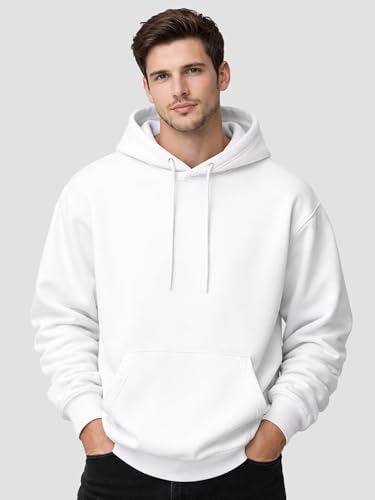 Image of Mens Drop Shoulder White Hoodie | Oversized Look Cotton Blend Fleece | Pullover Sweatshirt with Hood & Kangaroo Pocket | Winter Casual Wear