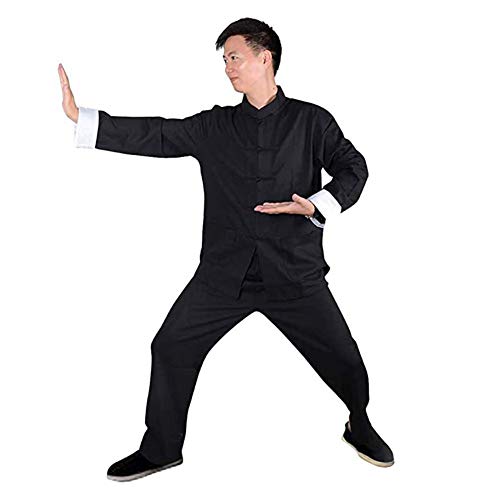 DJF Men\'s Kung Fu Suit Chinese Martial Arts Uniform Meditation Suit Roll-Up Sleeve Frog Button Jacket Pants Outfit (Black, XXL)