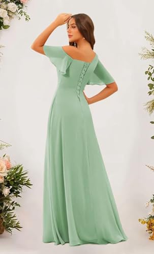 One Shoulder Bridesmaid Dresses for Women with Pockets Short Sleeve Ruffled Chiffon Formal Evening Gowns2