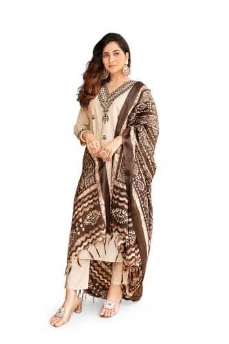 Image of Women Embroidered Cotton Kurta Pant Ensemble with Premium Dupatta Festive Ethnic Apparel Set