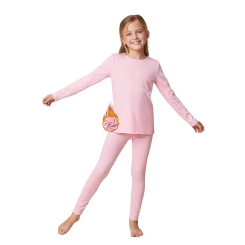 WELAKEN Girls Warm Thermal Underwear Set Kids Winter Base Layer Long Johns Sets for Cold weather/skiing Pink