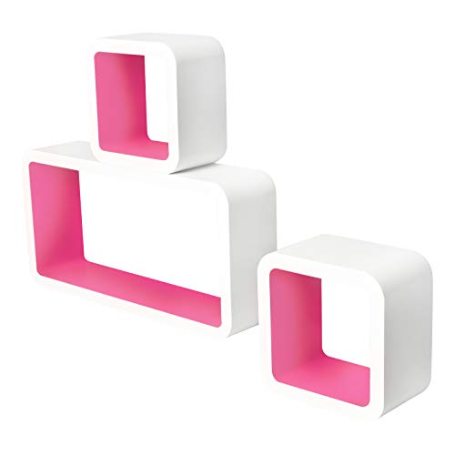Lestarain LGA024 Juego de 3 Estanteria Cubo de Pared Cuadrada Libreria Repisas Invisibles Estanteria Pared Flotantes Blanco/Rosa Decorativo CD