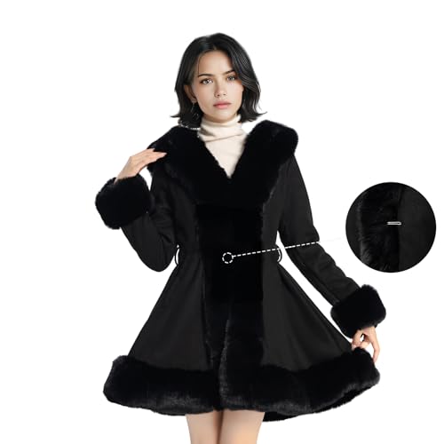 NXBC Winter Faux Fur Coats for Women,Faux Fur Leather Jacket Women,Winter Long Sleeve Furry Trim Peplum Parka Coat with Belt2