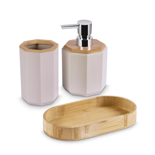 Image of Freelance Portofino ABS Bathroom Accessories Set of 3, Cream- Liquid Handwash Soap Dispenser, Tumbler, Tray - Plastic Set for Wash Basin - Stronger Than Ceramic