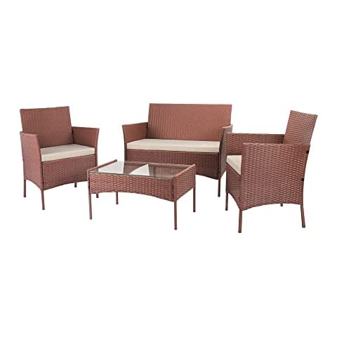 Rattan Garden Furniture Set Hamlody 4 PCS Furniture Sets Patio Conservatory Furniture Sofa with 2 Armchairs, 2 Seater Sofas and 1 Tempered Glass Table for Poolside Backyard Balcony (Brown) Cover