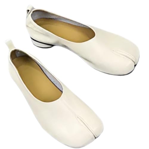 Minimalist & Modern Tabi Shoes Ballet Style Slip-on Low Heels for Women Genuine Leather Comfort Office Work, Black/White