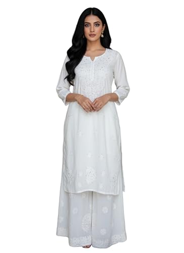 Image of Fashion Chikan Art Women's Lucknowi Premium Chanderi Silk Hand-Embroidered Chikankari Kurti & Palazzo Set | Elegant Festive & Casual Wear Ethnic Suit