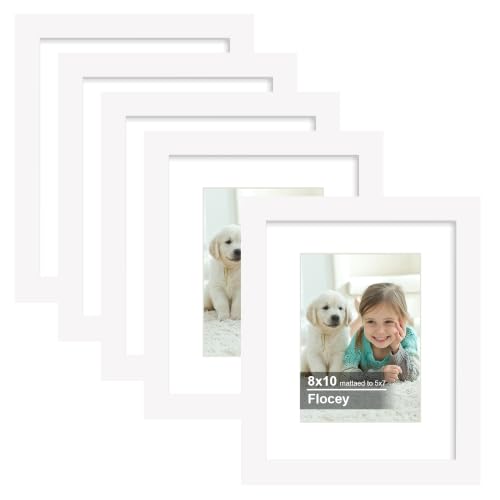 Flocey 8x10 Picture Frame 5 Pack, White Photo Frame, Display Pictures 5x7 with Mat or 8x10 without Mat for Horizontal or Vertical Wall and Tabeltop Display
