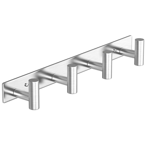 Image of VAEHOLD 1PACK Hat and Coat Wall Mount Rack - 4 Hooks for Robes, Bags, Keys, and Towels - Bathroom Towel Hanger Organizer -Silvery