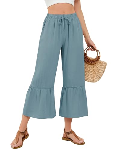 Himosyber Womens Cotton Wide Leg Cropped Pants Casual Drawstring Elastic Waisted Ruffle Hem Palazzo Pants with Pockets