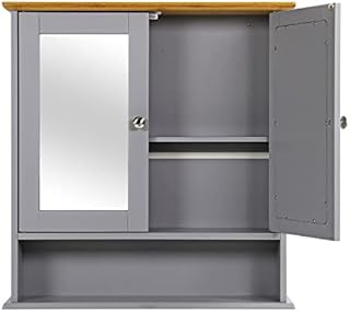 Bathroom Cabinet Mirrored With Double Doors, Organiser Wall Mounted, With Adjustable Shelves, Modern Storage Cupboard Furniture, Grey (58 * 56 * 13cm) (HYH165)