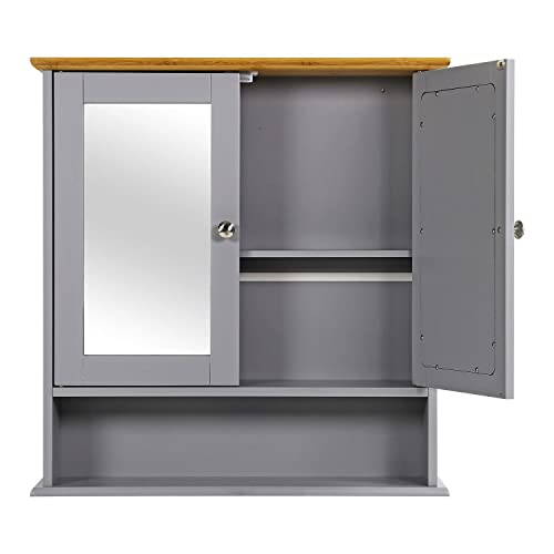 Bathroom Cabinet Mirrored With Double Doors, Organiser Wall Mounted, With Adjustable Shelves, Modern Storage Cupboard Furniture, Grey (58 * 56 * 13cm) (HYH165)