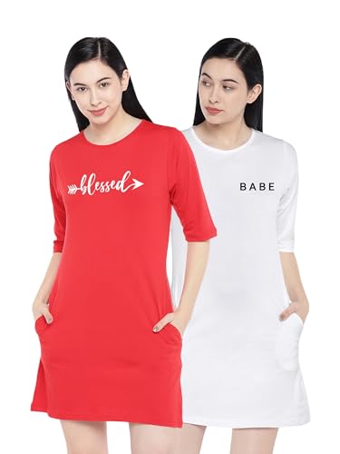 Image of STATUS MANTRA Long T-Shirt Dress for Women - Cotton Knee Length T Shirt Top | 3 /4th Sleeves, Soft Bio-Washed Fabric | Stylish Regular Fit Crew Neck