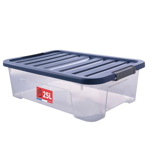SUNDIS Wave Box, caja almacenaje con tapa, 25l de capacidad, plastico transparente, apilable, ideal para guardar cosas debajo de la cama, el vestidor, el despacho o el lavadero
