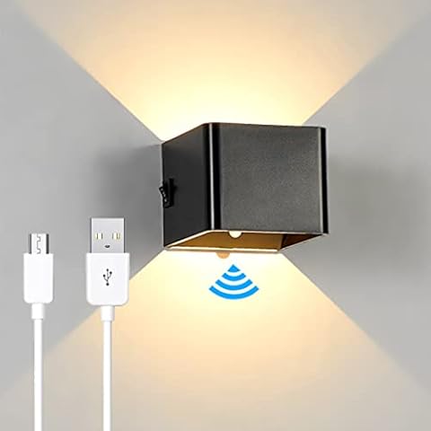 ACMHNC Schwarz Akku Wandleuchte mit Bewegungsmelder Innen LED Wandlampe Batteriebetrieben mit Schalter,5W USB Aufladbare Wandbeleuchtung Magnetische Flurlampe Cover