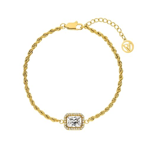 PAUL VALENTINE Pavé Emerald - Pulsera para mujer, acero inoxidable reciclado, 17,5 cm + 3 cm de extensión, con 25 piedras brillantes, cierre de mosquetón, elegante diseño vintage, Mittelgroße, Acero