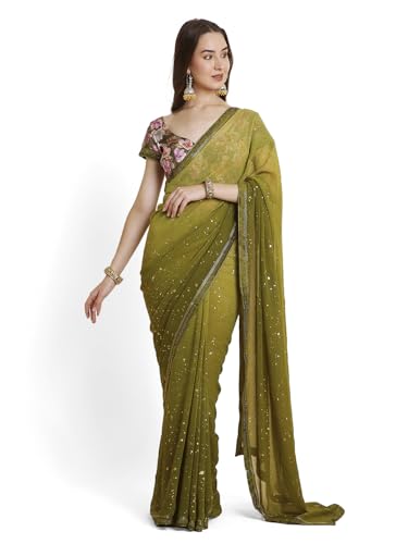 Image of RATAN Women's Georgette Tie-Dye Saree with Printed Blouse Piece