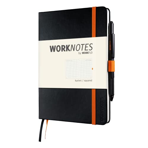 WORKNOTES Notizbuch a5 kariert - Das Notebook für Kreative und Macher von Workflo, 192 perforierte Seiten, Tintenfestes Papier, 100 g/m², Hardcover in schwarz, inkl. Stiftlasche und Dokumententasche