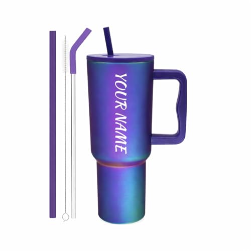 Image of SKDBPM Personalized Stainless Steel Tumbler with Handle, 1200ml Capacity, Black Insulated Travel Mug with Straw, Custom Name Design (Violet)