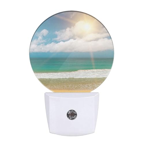 Image of Beach Night Lights Plug into Wall Sea Surface Summer Wave Bright Sunshine from Clouds LED Dusk to Dawn Plug-in Nightlight Auto Sensor for Bedroom Bathroom Hallway Living Room