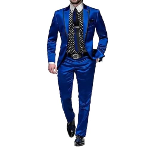 Costume 2 pièces en satin pour homme - Blazer fin avec pantalon, bleu marine, XL