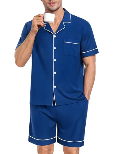 Image of SWOMOG Mens Pajama Set Short Sleeve 2 PCS Sleepwear Button Down Soft Loungewear Modal Set Pj Set with Pockets S-3XL