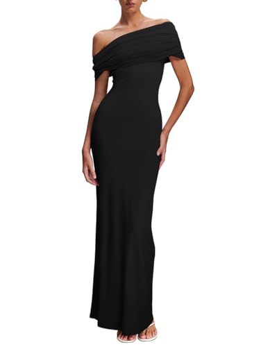 LAGSHIAN Women's Elegant Formal Maxi Dress Off Shoulder Ruched Sleeveless Bodycon Evening Long Dresses