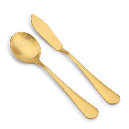 Matte Gold Serving Set，SHARECOOK 5-Piece 18/0 Stainless Steel Large Hostess Set with Round Edge, Satin Finished, Dishwasher Safe -Spoons, Forks,Butter Knife& Slotted Spoon - Thumbnail 4