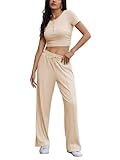 JFAN Conjunto Chándal Mujer 2 Piezas Verano Casual Conjunto Mujer Loungewear Ropa Deportiva Para Cómodo Acanalado Corto Top Pantalone Deportivo con Bolsillos,Beige M