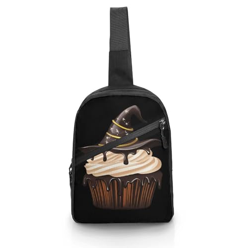 Chocolate Halloween Cupcake with Hat Chest Bag Foldable Crossbody Unisex Pack Travel Hiking Adjustable Shoulder Straps Sling Bags