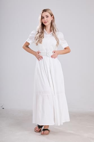 Image of utcoco Womens Striped Button Down Shirt Dress Casual Puff Short Sleeve Ruffle Hem Maxi Dresses with Belt