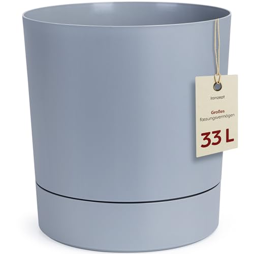 KONZEPT Blumentopf mit Untersetzer 38 cm - großer Übertopf aus Kunststoff für Zimmerpflanzen, modern und wetterfest, für Innen und Außen, Grau