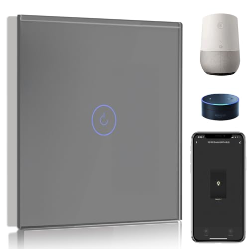 BSEED Interruttore WIFI 1 Gang 1 Via Interruttore Smart Compatibile con Google Home e Amazon Alexa, Interruttore a Parete a Sfioramento Grigio(Richiesto la Linea Neutra)