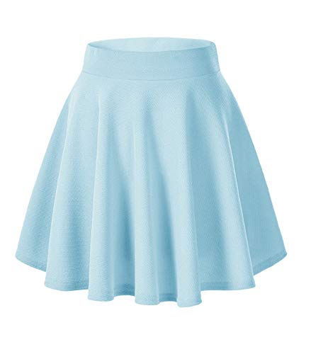 Afibi Casual Mini Stretch Waist Flared Plain Pleated Skater Skirt (Medium, Sky Blue) #TOP4