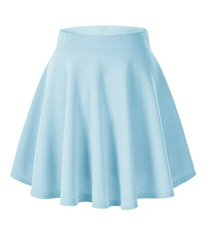 Afibi Casual Mini Stretch Waist Flared Plain Pleated Skater Skirt (Medium, Sky Blue)